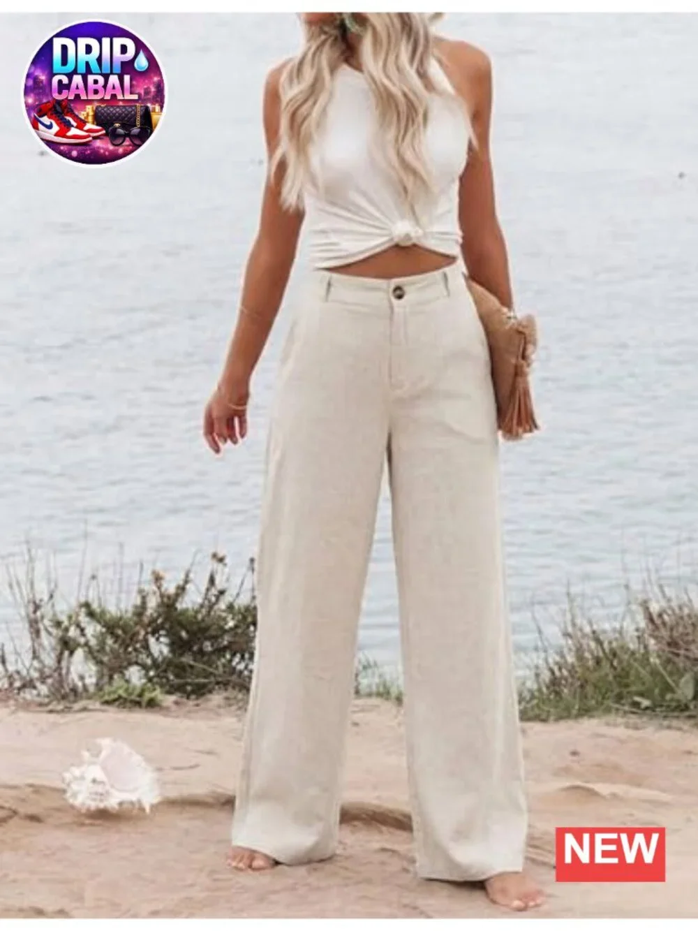 Cotton Linen High Waisted Wide Leg Pants Casual Button Trousers